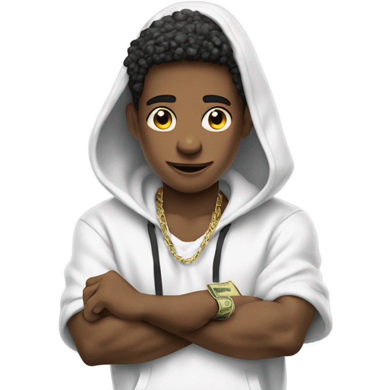 cool boy in white hoodie holding stack on money to ear emoji