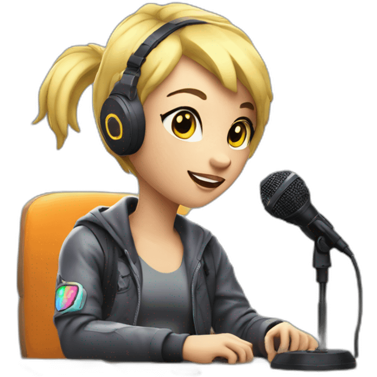 Blonde short hair Gamer with mic on mic arm sitting at desk with neon lights in gaming room emoji