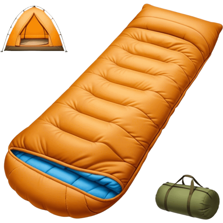 Cinematic Realistic Sleeping Bag, plush and slightly wrinkled, rich fabric texture catching the firelight, glowing with warmth and inviting coziness, nestled within a peaceful campsite. emoji