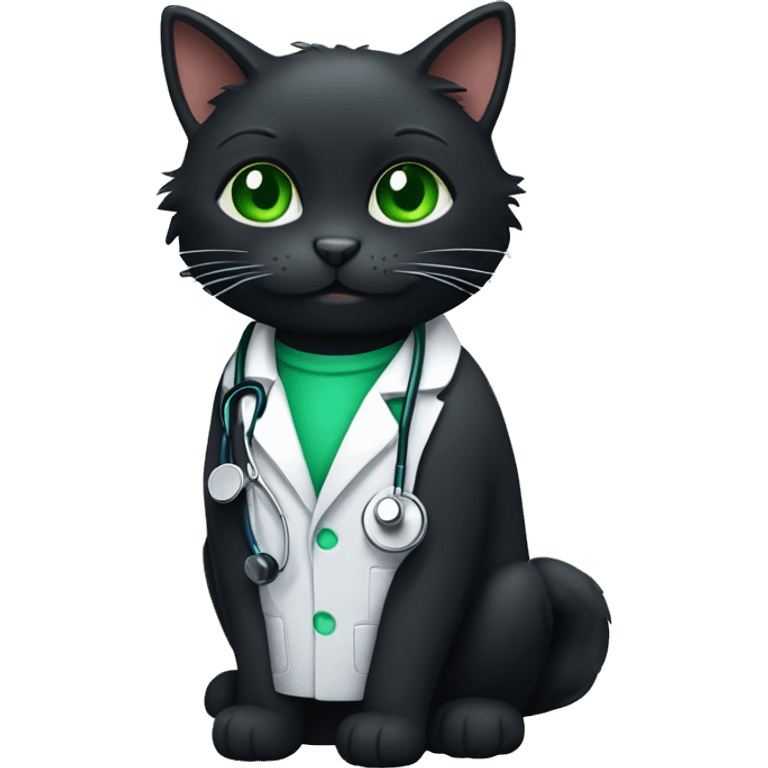 Fluffy black cat doctor with green eyes emoji