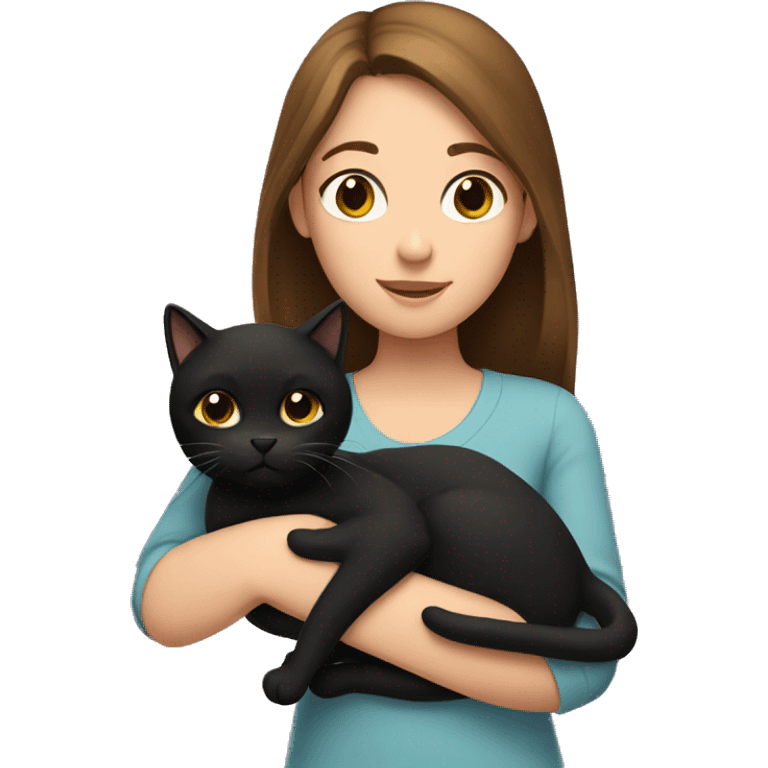 A girl with brown hair holds a black cat in her arms. emoji