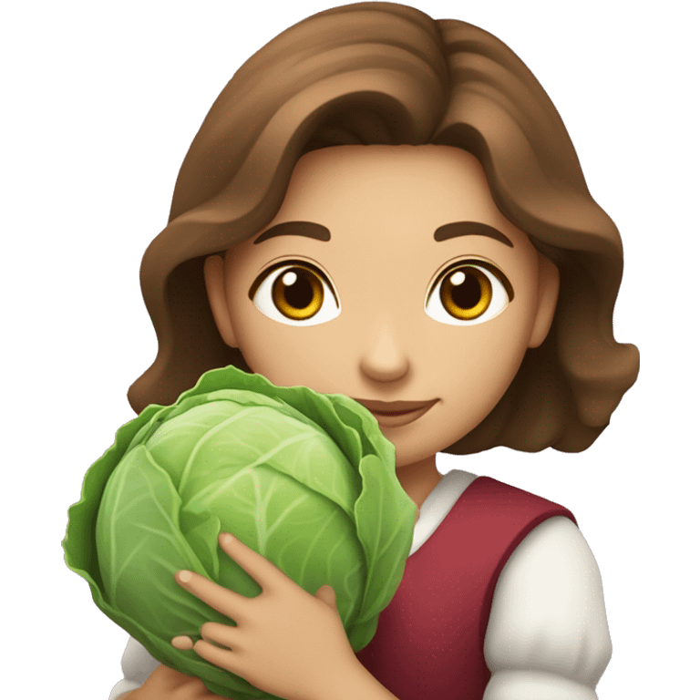 Girl with brown hair hold in hands a cabbage and name “CAPUSTA” emoji