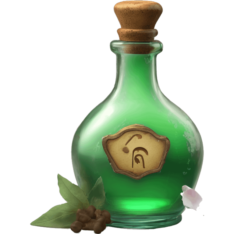 Mysterious Alchemical vintage glass potion bottle, exquisite bottle shape, old and shabby, with label, stylish and minimalistic, brown and shabby-green, oil potion is poured out of the bottle, herbal, flowers and oil is spilled next to it emoji