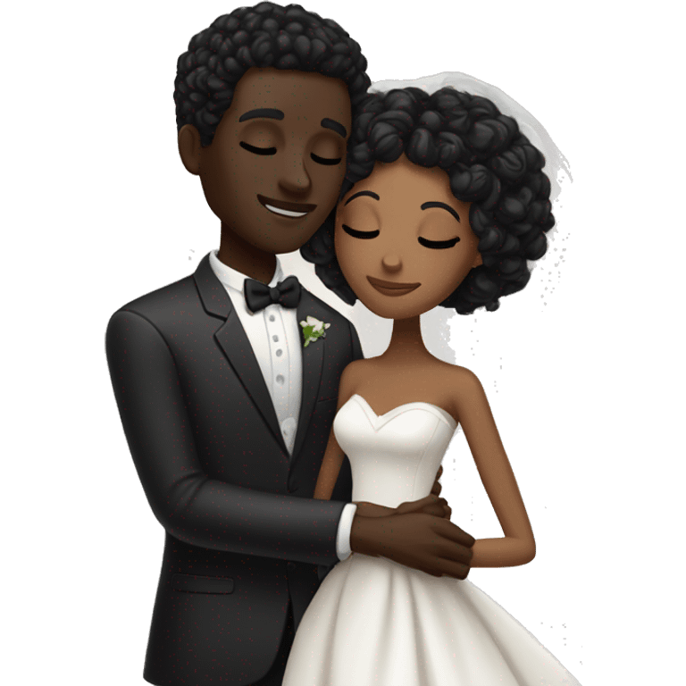 African Bride and Groom. Dark Brown skin. Black long curly hair. Short black haircut. Hugging each other. Eyes closed. emoji