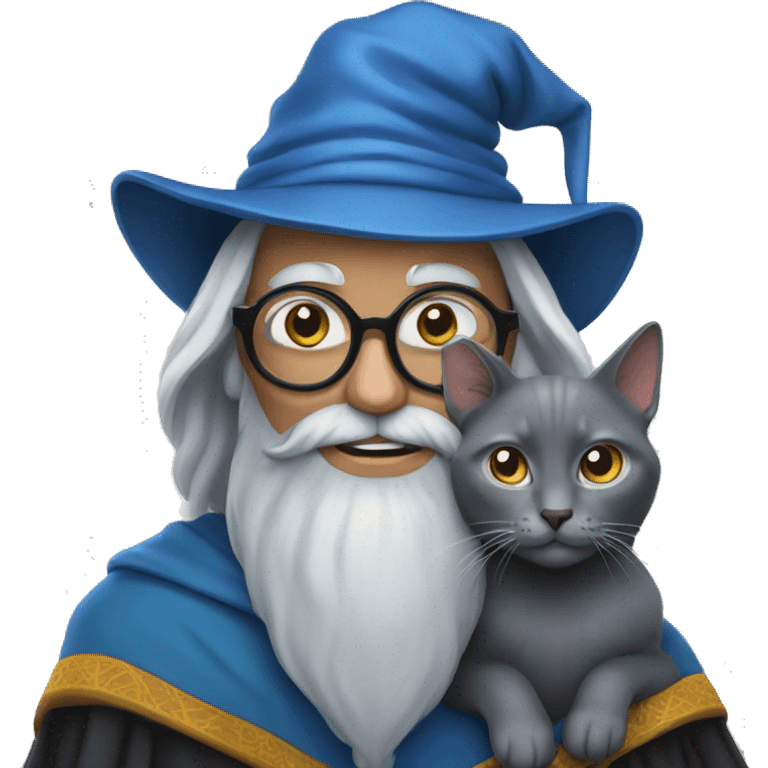 A wizard wearing glasses holding a Russian Blue cat. emoji