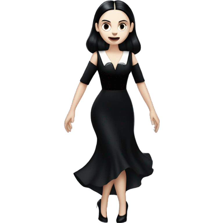 wednesday addams dancing with werewolves. high beauty face. short black flowing evening gown with  plunging neckline that’s off-the-shoulders that also shows her legs and black shiny velvet high heel shoes. emoji