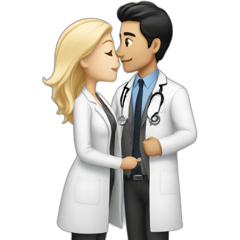 white doctor girl with black hair kissing a white man with blond hair and a jacket emoji