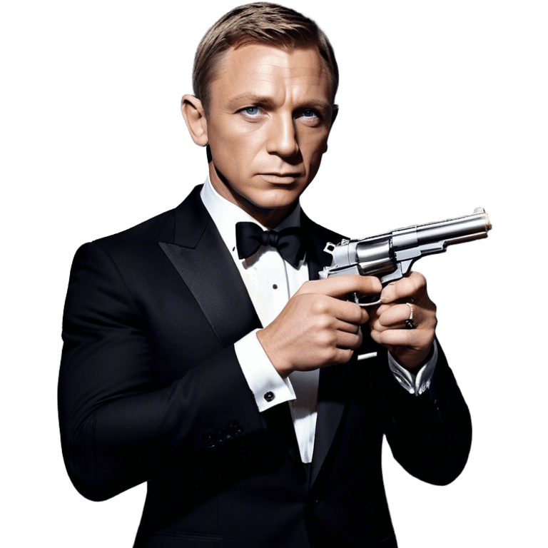 Cinematic Realistic James Bond Daniel Craig Portrait Emoji, depicted as the ultimate suave and enigmatic secret agent, donning a sharply tailored tuxedo, gripping a sleek handgun, with a piercing gaze that exudes confidence and danger. The scene is infused with moody, high-contrast cinematic lighting, evoking the thrilling world of espionage and intrigue. emoji