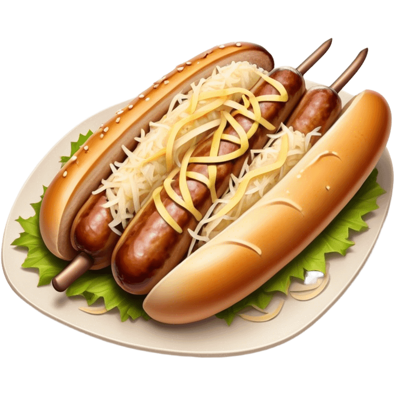 Bratwurst Cinematic Realistic Bratwurst Dish Emoji, depicted as a grilled bratwurst topped with a generous serving of shredded sauerkraut, rendered with rich textures and dynamic, appetizing lighting. emoji