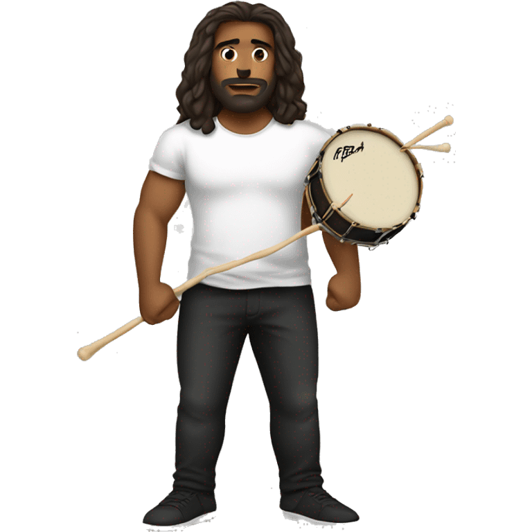 A long haired brown man with a light beard holding drum sticks, wearing a t shirt and black pants emoji