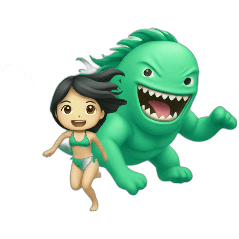 an asian girl with mint swimming suit and long hair being chased by a monster emoji