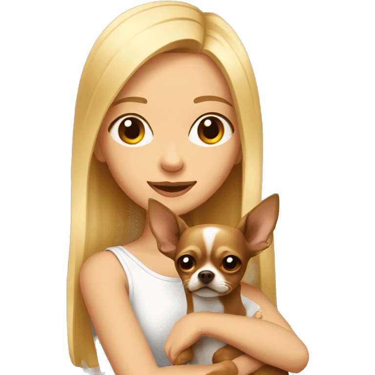 A blonde girl in her arms with a brown Chihuahua dog emoji