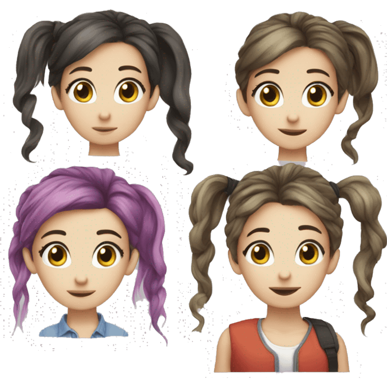 Ponytail hair
Rainbow hair color
Big eyes
White skin
Smart nose emoji