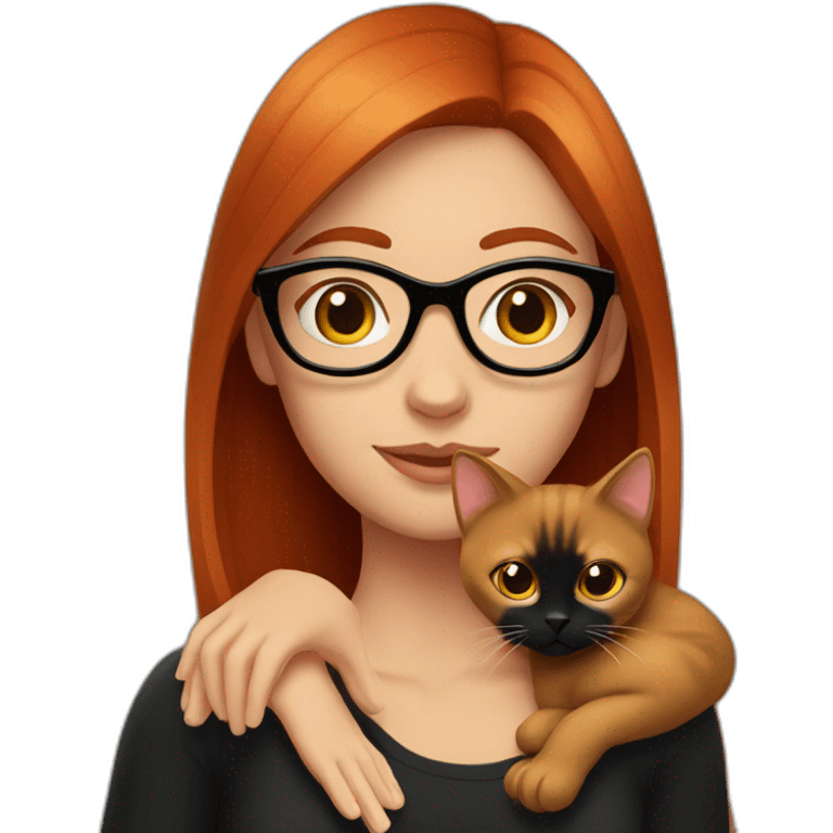 woman with straight red hair and black-rimmed glasses, with a black cat on her lap emoji