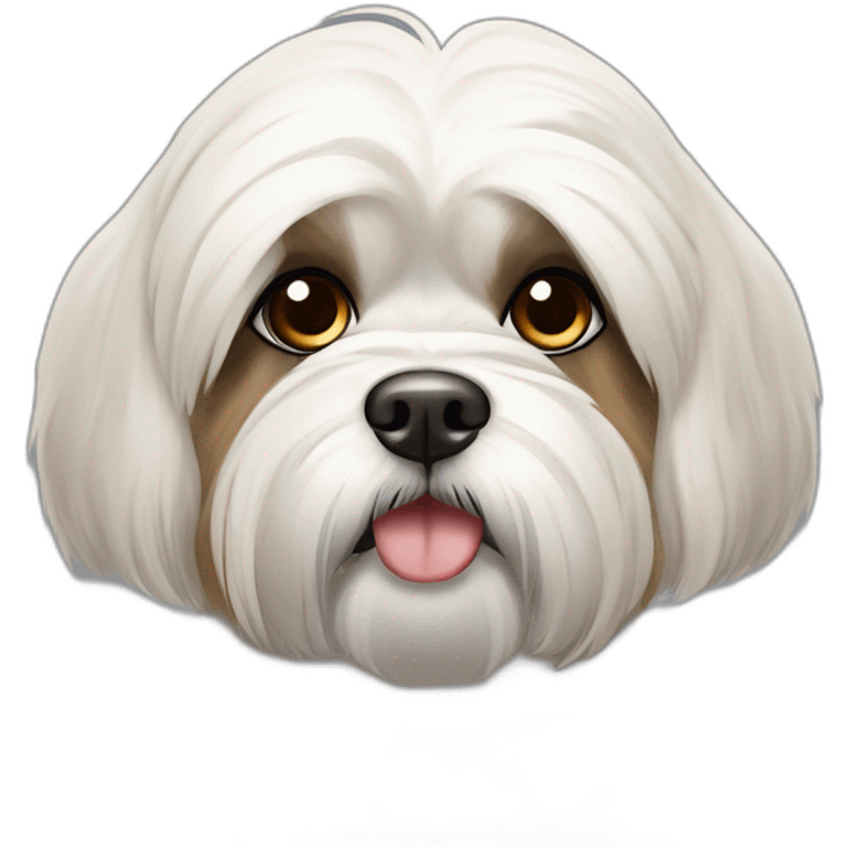 lhasa apso with short white fur and dark brown spots on body and around both eyes emoji