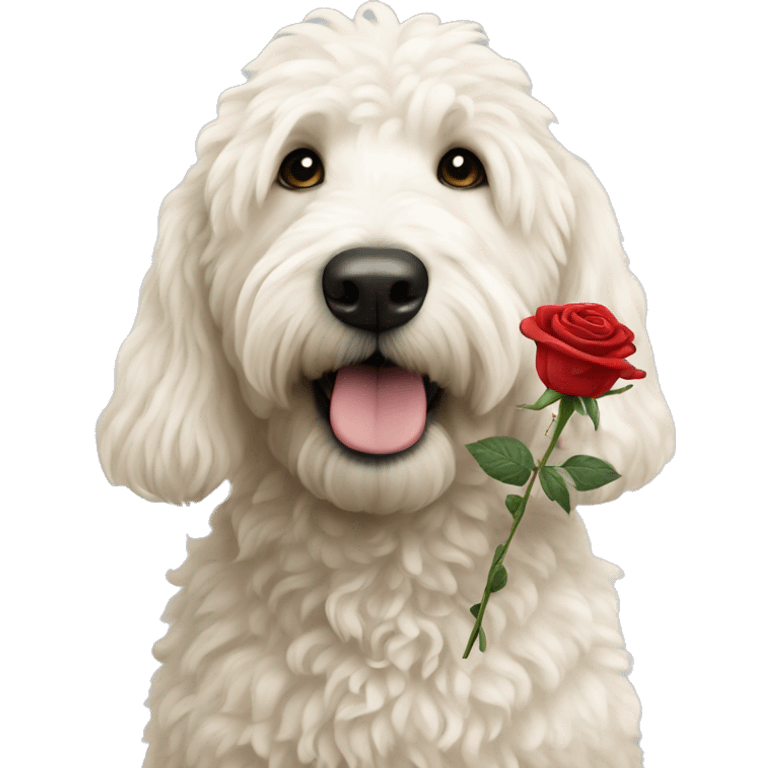 A white golden doodle holding a rose  emoji