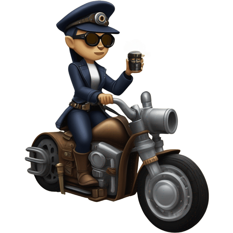 Bounty hunter Wednesday Addams Jedi wearing a pair of navy-blue rimmed steampunk goggles, hat, leather chaps, fringe jacket riding a relaxed sci-fi 3 wheeled steampunk rat rod motorcycle with large fenders and saddlebags in desert town  emoji