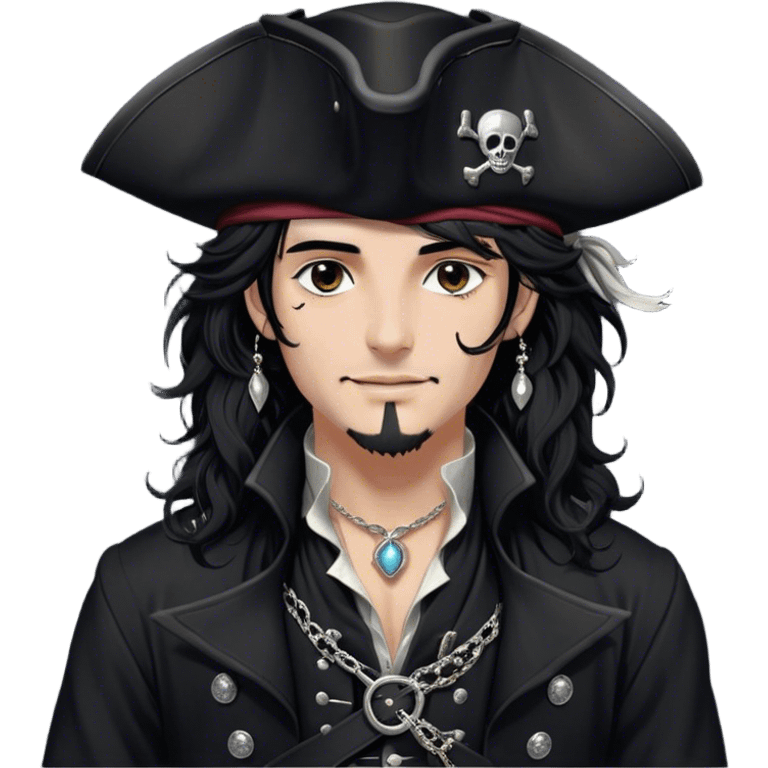 A charismatic pirate with wavy black hair tousled. His black tricorn hat, embroidered with silver. Dark eyes glint with mischief as he gazes to the side, a knowing smile on his lips. His fitted black coat, adorned with silver buttons. A silver chain dangles from his belt emoji