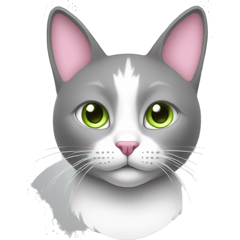 gray and white lady, white and pink noisecat with light green eyes  emoji