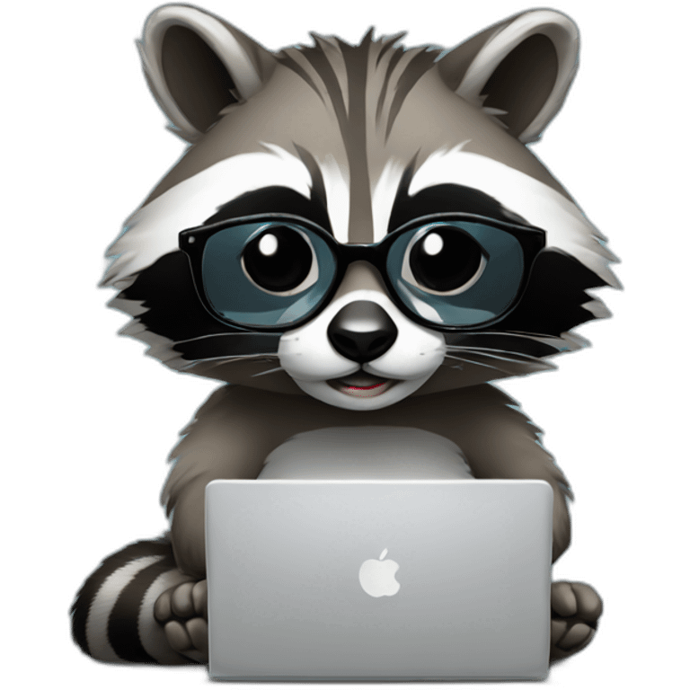 racoon wearing glasses and a white t-shirt working on a black laptop emoji