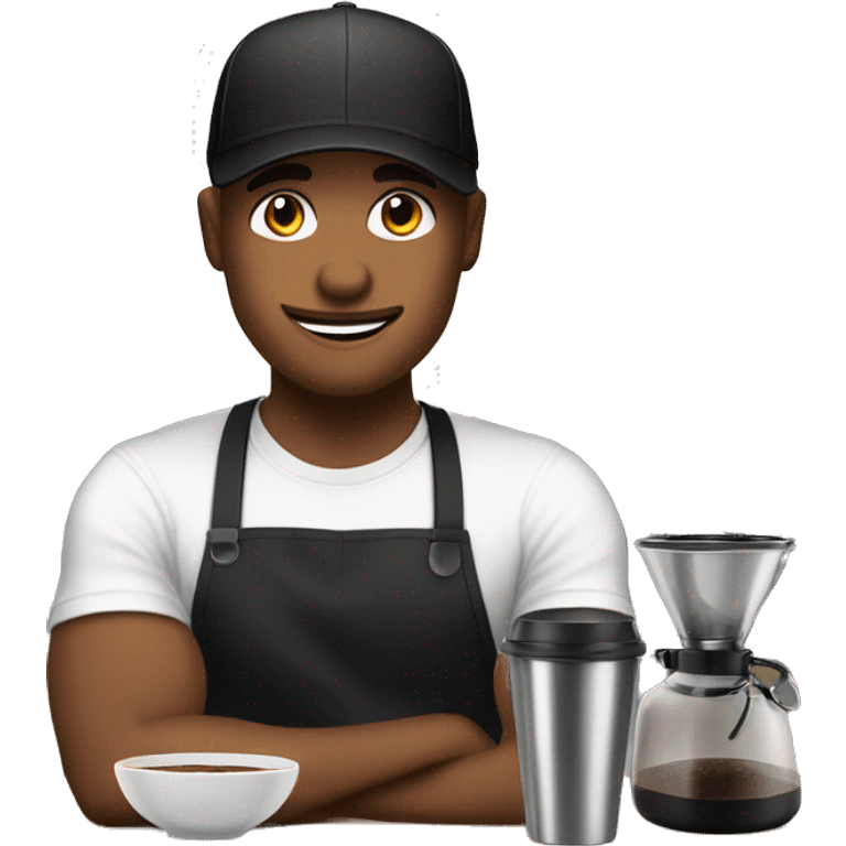 barista making coffee in black apron and black t-shirt in cap emoji