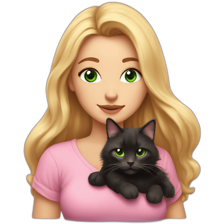 woman with green eyes and long wavy blonde hair and big boobs in a pink shirt is holding a very fluffy and fat black and tortoiseshell cat emoji