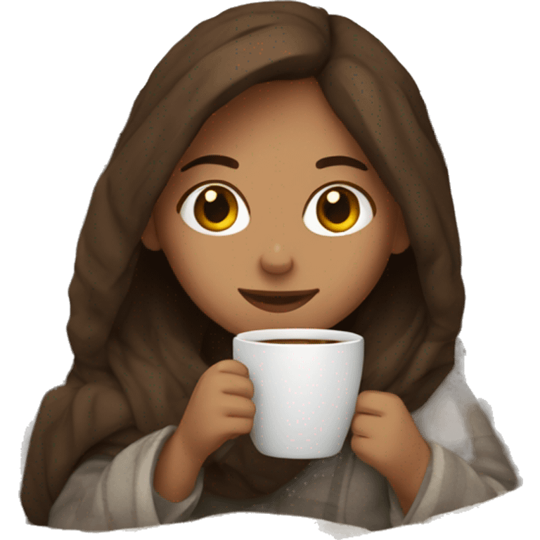 Brown hair Girl drinking coffee, with a cozy blanket emoji