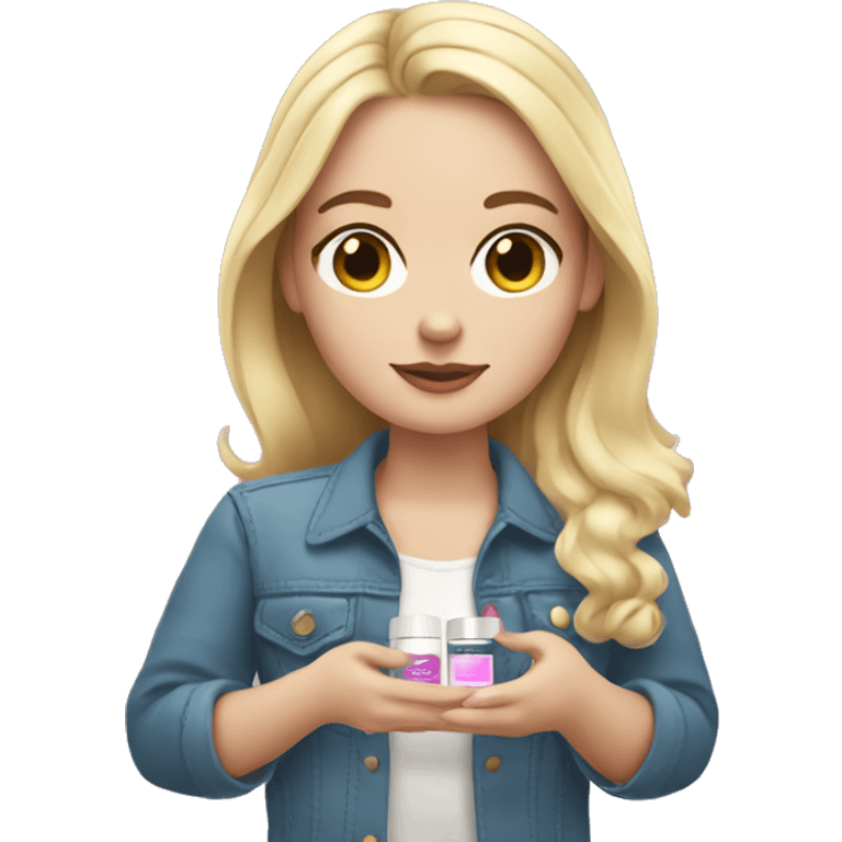 one white girl holding cosmetics in her hands emoji