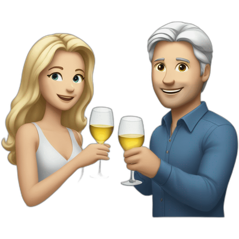 A white woman with brown eyes and blond medium long hair and a white man with blue eyes and grey hair, they toast to each other with a glass of white wine. emoji