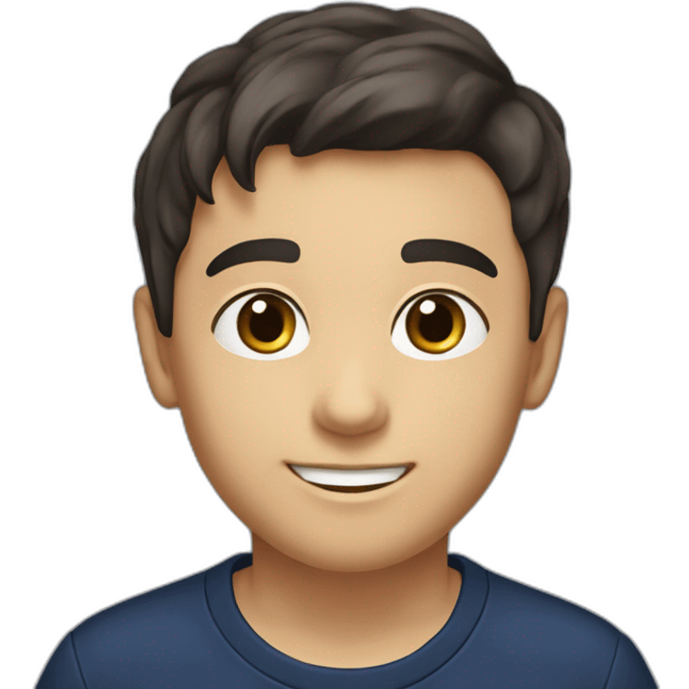 Young boy, with dark hair and brown eyes, without a beard, smiling and with a computer. Dressed in a long-sleeved navy blue shirt, without a front pocket. emoji