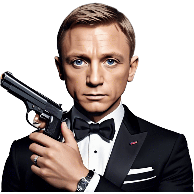 Cinematic Realistic James Bond Daniel Craig Portrait Emoji, depicted as the ultimate suave and enigmatic secret agent, donning a sharply tailored tuxedo, gripping a sleek handgun, with a piercing gaze that exudes confidence and danger. The scene is infused with moody, high-contrast cinematic lighting, evoking the thrilling world of espionage and intrigue. emoji