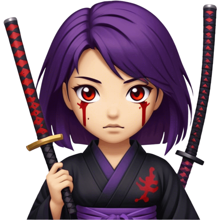 A samurai girl with deep purple hair, black kimono, holding a bloodstained katana emoji