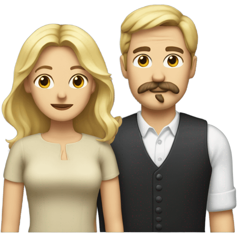 Woman with shoulder length blonde hair and a man with a large mustache emoji