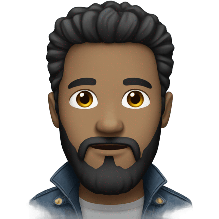 person with a black beard. Without mustache. No beard between nose and mouth. White skin tone. Nice black hair. Denim dark blue jacket emoji