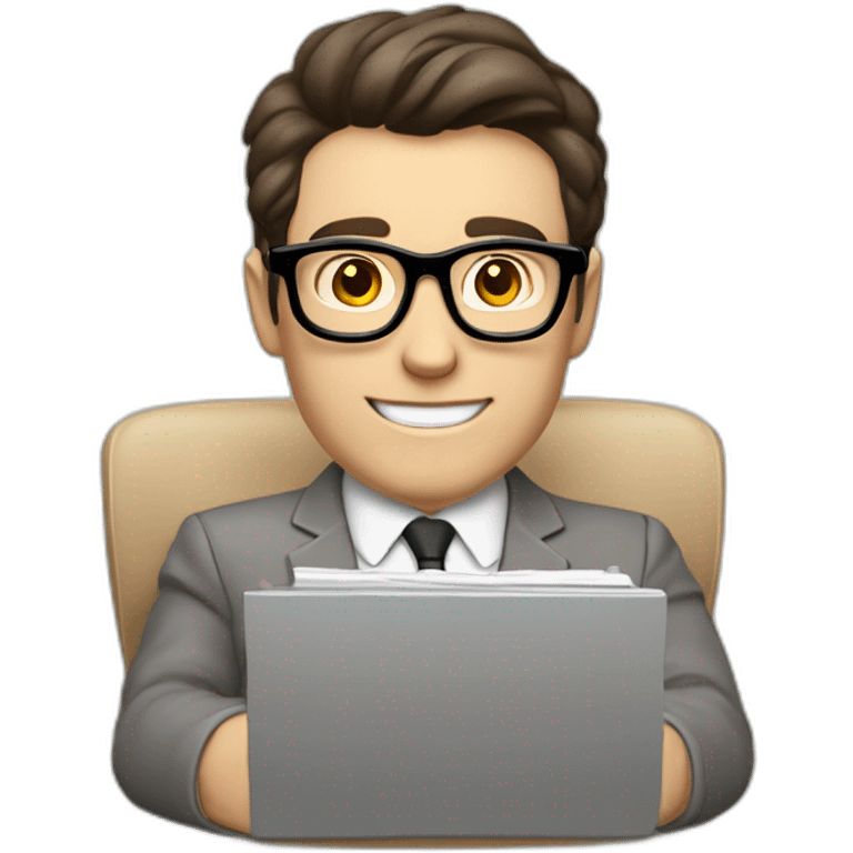 Pale skinned Fit Man With dark brown hair in gray jacket, beige office shirt and vintage glasses sitting In a soft chair with a notebook with emblem Ψ and a pen in his hands emoji