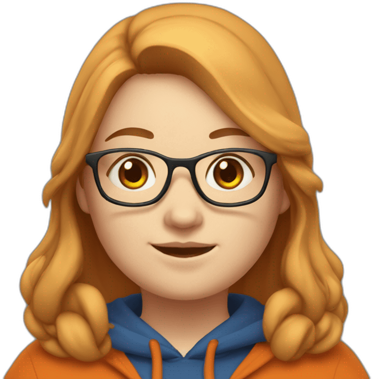 chubby woman with pale skin, with glasses, with long brown hair, wearing a dark orange hoodie, waving emoji