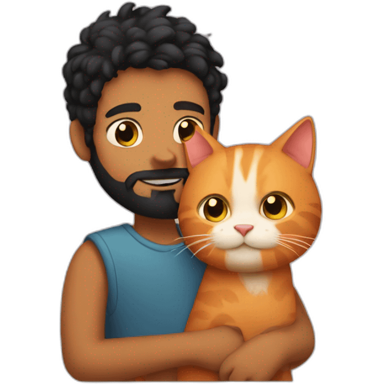 Boy with black beard hugging ginger cat emoji