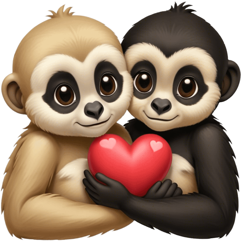 Two gibbons, one black and one tan, embracing with a heart, cute Disney-style  emoji