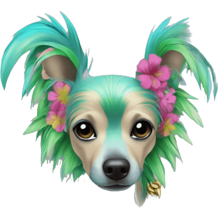 Punk tropical palm leaves flowers Chinese crested dog neon rainbow cyan blue lime green pink hair gold chain punk piercings tattoos punk ear piercings emoji