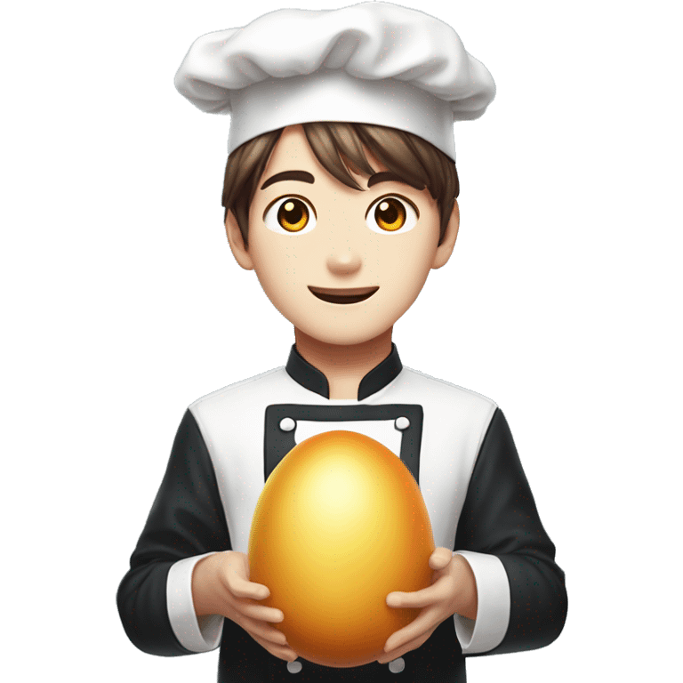 bts jungkook as a chef, holding really big egg emoji