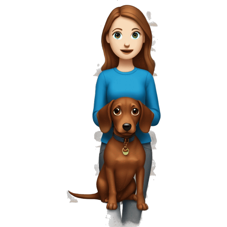 White girl with brown hair and blue eyes holding a red dachshund  emoji