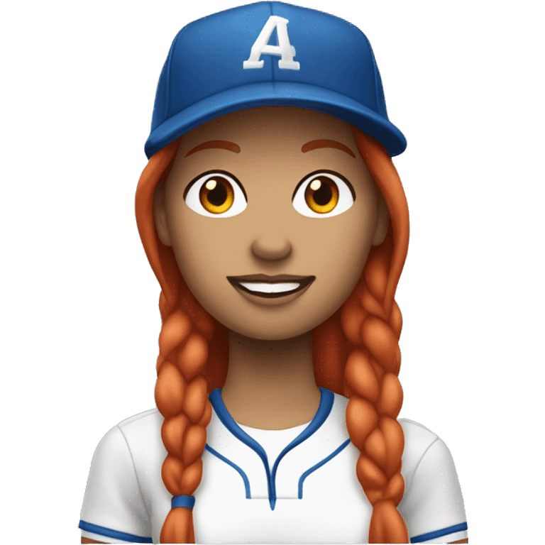 standing up white female coach with long red hair in white t-shirt and with a simple blue baseball hat emoji