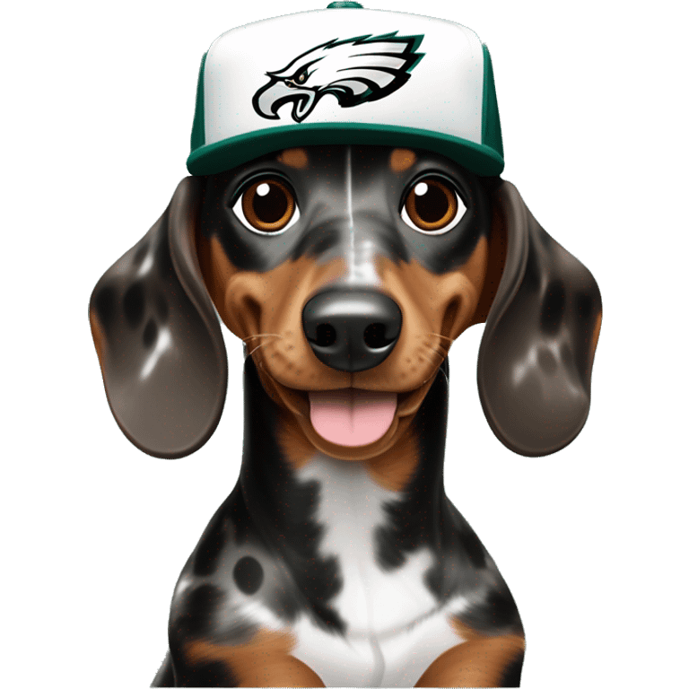 Miniature Tri Merle Medium Brown Spotted Dachshund wearing Philadelphia Eagles Hat with C on Jersey emoji