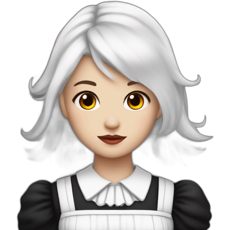 a girl with white hair that is in a undercut and she has red eyes and black angel wings and she has a maid dress on emoji