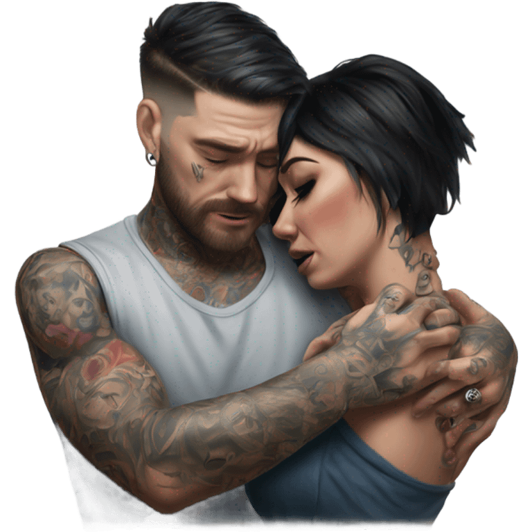 Hyper Realistic Beautiful tattooed woman crying in the arms of a handsome tattooed man  emoji