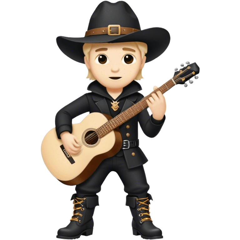 Short, almost dwarfish man dressed in black with big boots and a huge hat with a guitar emoji