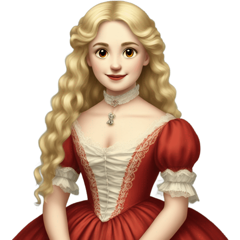 Victorian blond and long hair girl with red dress on the final of 19th century emoji