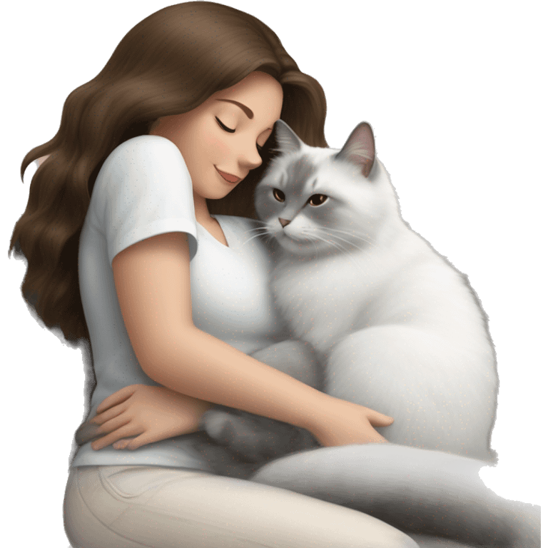 Fluffy white and gray cat sitting on brunette lady’s nap lovingly emoji