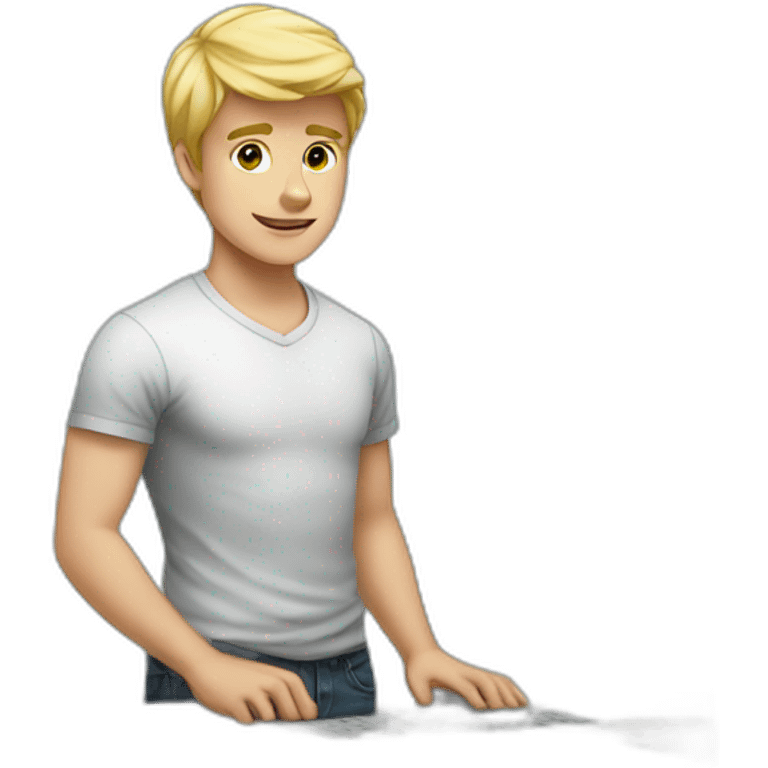 young blonde man on standing desk emoji