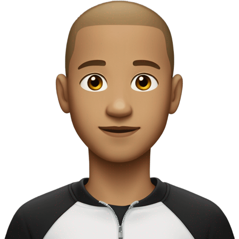 boy with very light brown skin, buzz cut, no facial hair, wearing a smart black quarter zip jumper with white t shirt underneath. emoji